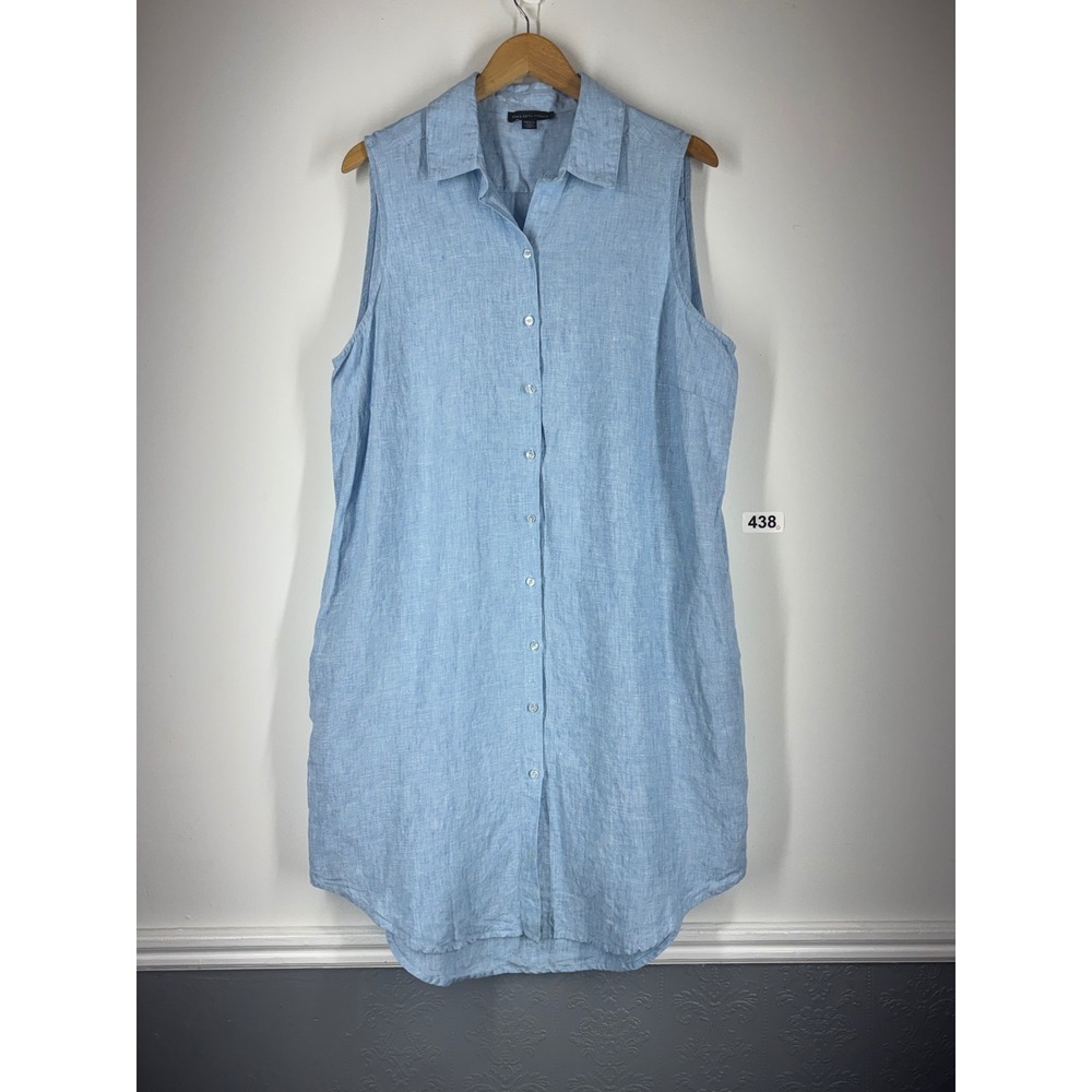 Saks Fifth Avenue  XL light Blue 100% Linen Sleeveless Button Down Shirt Dress
